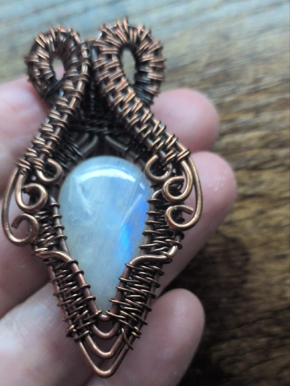 Handcrafted Copper Wire-Wrapped Moonstone Pendant - Iridescent White